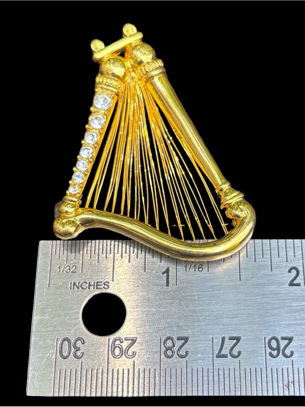 Vintage 80’s Monet Gold Tone Harp Brooch Rhinestone Musical Instrument Pin 2" - Picture 6 of 6